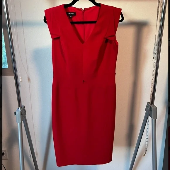 Ninewest Womens Stretch V-Neck Cap Sleeve Bodycon Sheath Pencil Dress Red Size 6 - Picture 1 of 5